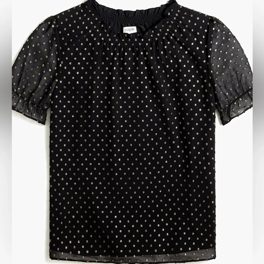 J. Crew Black Blouse with Metallic Gold Dot Pattern. Size Large